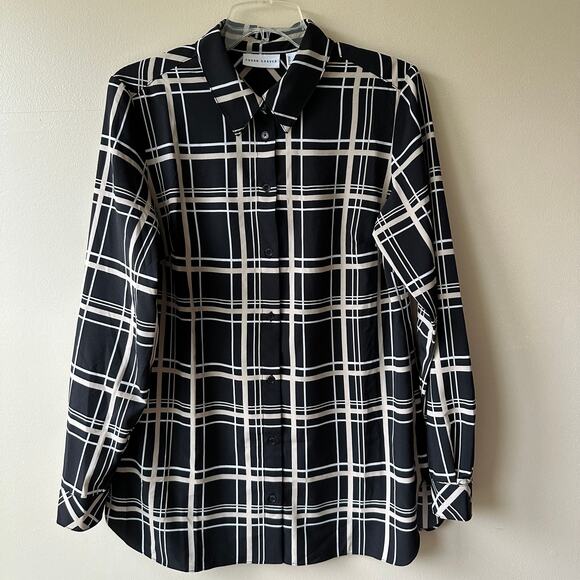 Susan Graver Blouse Top Plaid Button Down Relaxed Black Tan Small Classic Office - Picture 1 of 11